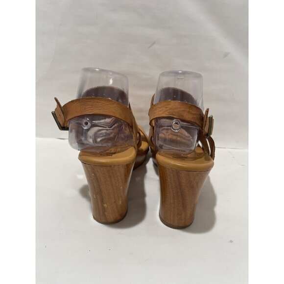Korks By Korks Easy Womens Tan Laser Cut Leather Wood Platform Sandals size 10 - Picture 4 of 10